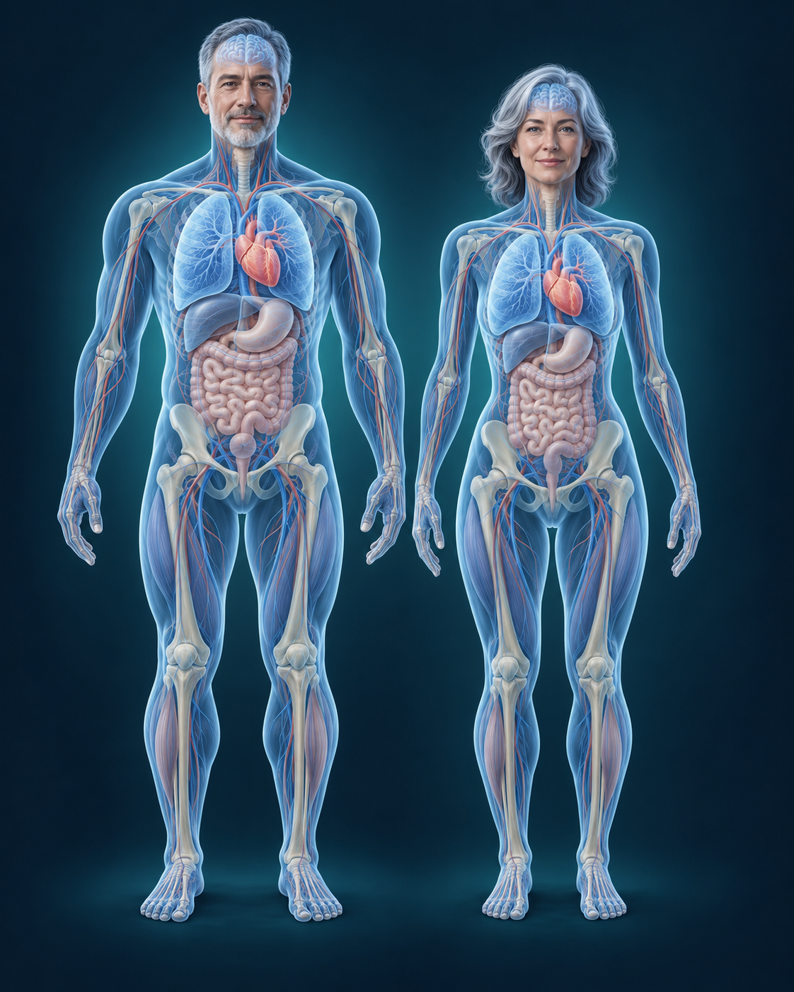 Man and woman illustrated with visible brain, heart, lungs, bones and blood vessels.