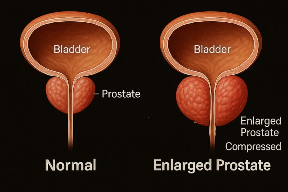 Medical illustration of bladder and prostate showing prostate enlargement pressing against the bladder neck and narrowing the urethra, with slider motif indicating progression.