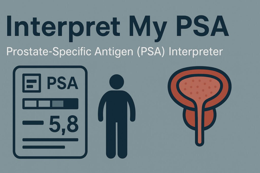 Illustrated banner for PSA Interpretation Tool showing prostate health icons, charts, and medical symbols on a clean blue background.