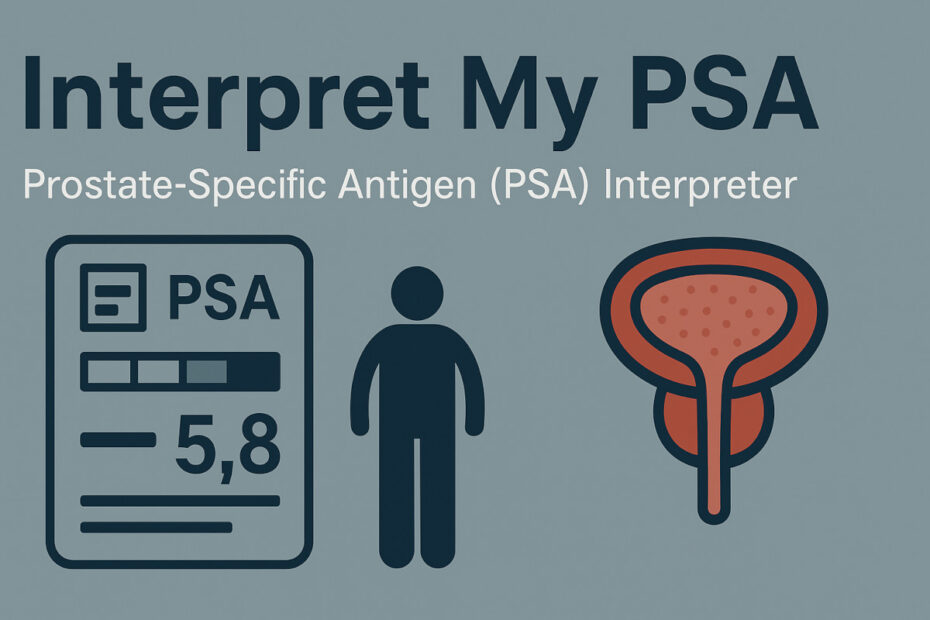 Illustrated banner for PSA Interpretation Tool showing prostate health icons, charts, and medical symbols on a clean blue background.