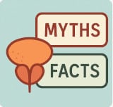 Prostate myths and facts Square 160×160 icon showing a prostate symbol with two labeled boxes “Myths” and “Facts,” representing the prostate health quiz on myths vs facts.