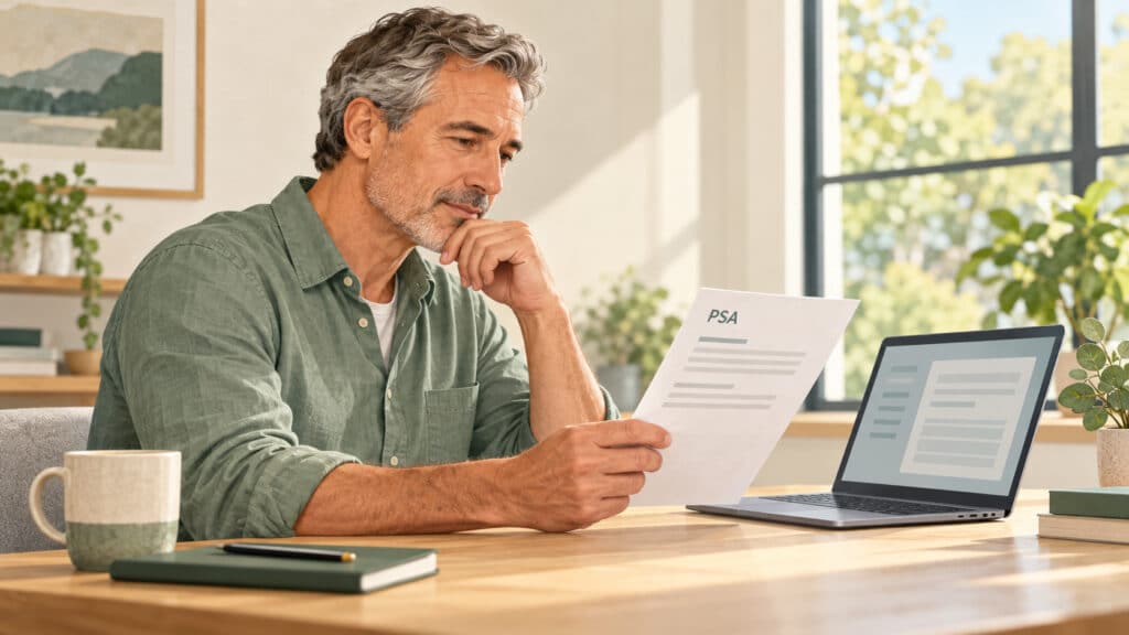 Man reviewing a PSA laboratory report beside a laptop.