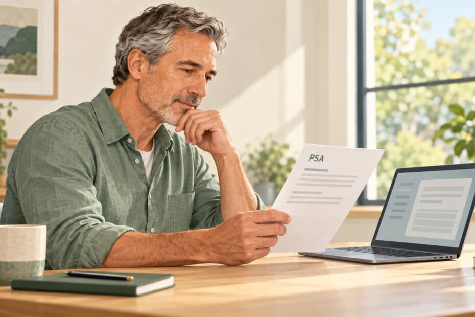 Man reviewing a PSA laboratory report beside a laptop.