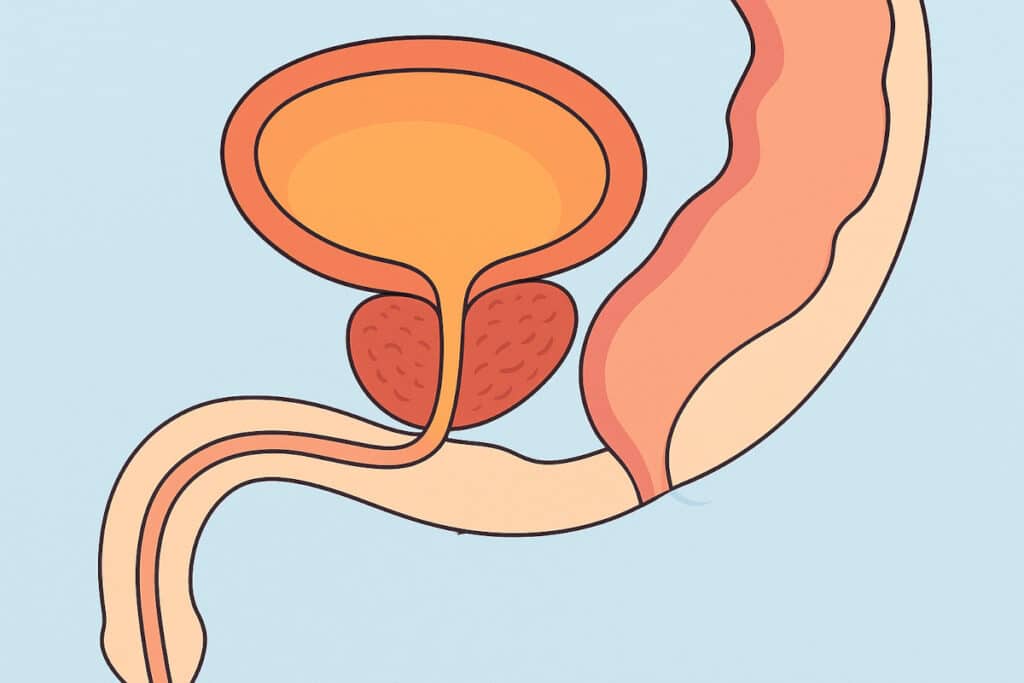 Realistic medical illustration of male pelvic anatomy showing bladder, prostate gland, and urethra in cross-section, highlighting how the prostate surrounds the urethra beneath the bladder