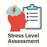 Stress level assessment tool Square 160×160 icon showing a human head silhouette with a cloud and lightning bolt symbolizing stress, next to a clipboard checklist, representing the Stress Level Assessment quiz.
