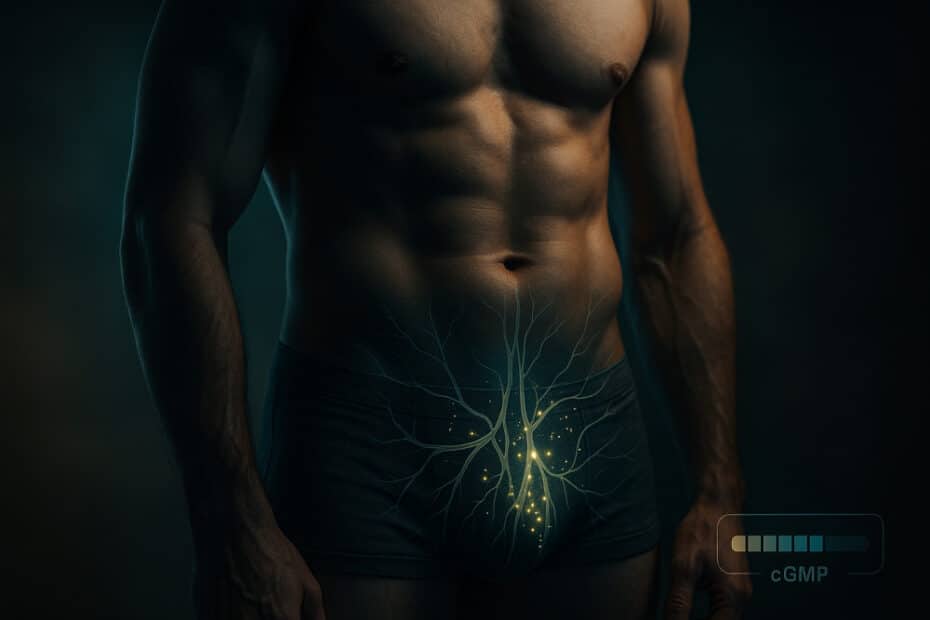 Editorial image showing a male torso silhouette with glowing particles moving along a stylized vascular network toward the pelvis and a small meter labeled ‘cGMP’, illustrating how nitric oxide controls blood flow.