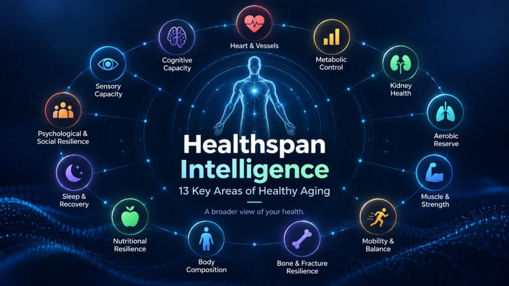 Healthspan Intelligence framework examining 13 key areas of healthy aging