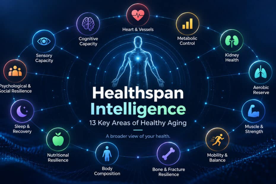 Healthspan Intelligence framework examining 13 key areas of healthy aging