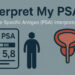 Illustrated banner for PSA Interpretation Tool showing prostate health icons, charts, and medical symbols on a clean blue background.