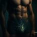Editorial image showing a male torso silhouette with glowing particles moving along a stylized vascular network toward the pelvis and a small meter labeled ‘cGMP’, illustrating how nitric oxide controls blood flow.